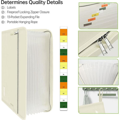 ENGPOW Fireproof Accordion File Organizer Folder - Beige (13 Pockets)