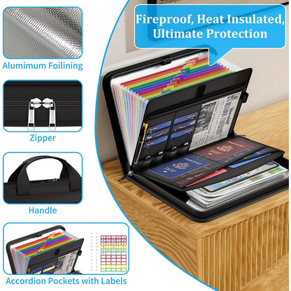 ENGPOW 5200°F Fireproof Accordion File Organizer with Handle: 13 Pockets (Black)