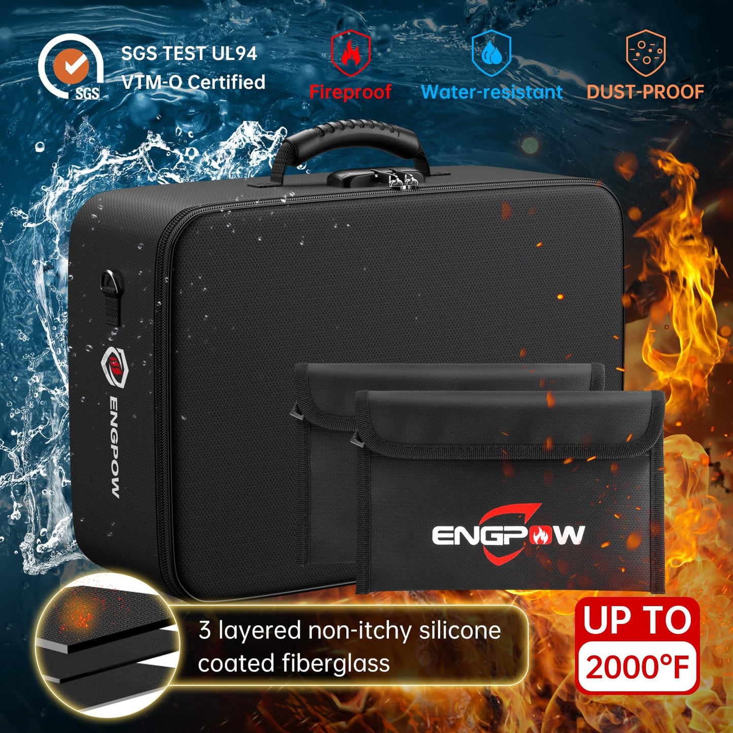 ENGPOW 600°F Fireproof Document Bag with Lock, Upgraded Insulated Fireproof and Waterproof Box 8-Layer Document Storage Bag, Portable Home Travel Safe Storage of Important Documents, Documents, Laptops