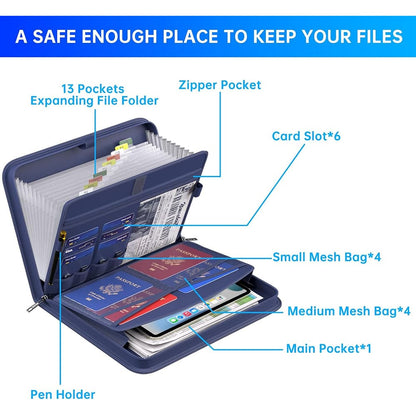 ENGPOW 2200°F Fireproof Accordion File Organizer with Handle: 13 Pockets (Blue)