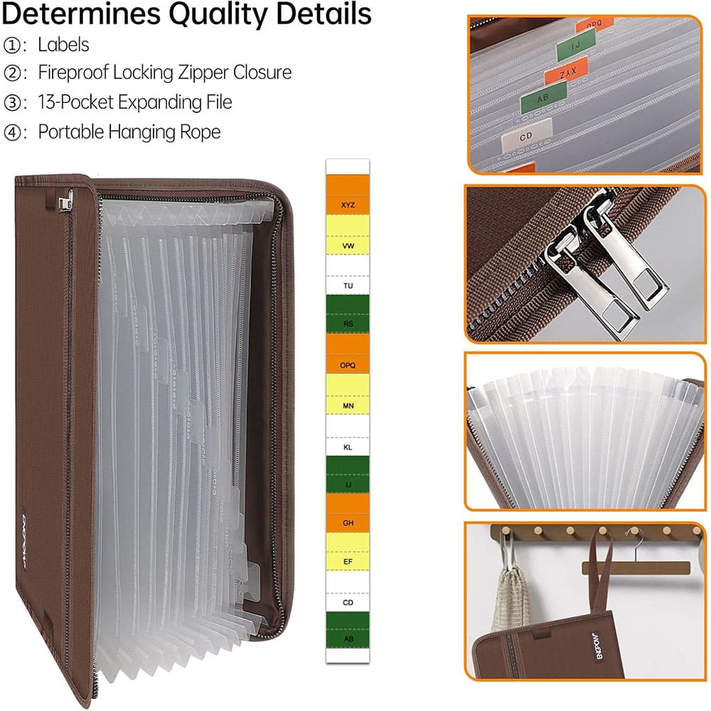 ENGPOW Fireproof Accordion File Organizer - Brown (13 Pockets)