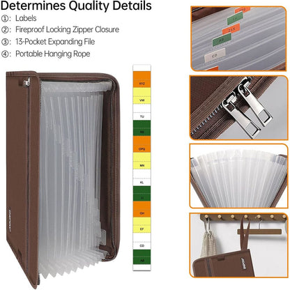 ENGPOW Fireproof Accordion File Organizer - Brown (13 Pockets)