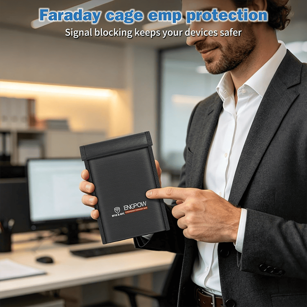 ENGPOW Military Grade Faraday Bag for Phones, Signal Blocking Pouch Black | Fireproof, Waterproof, Anti-Tracking, RFID Blocker (5G/GPS/WiFi/Bluetooth) with Detachable Shoulder Straps, for Daily Travel