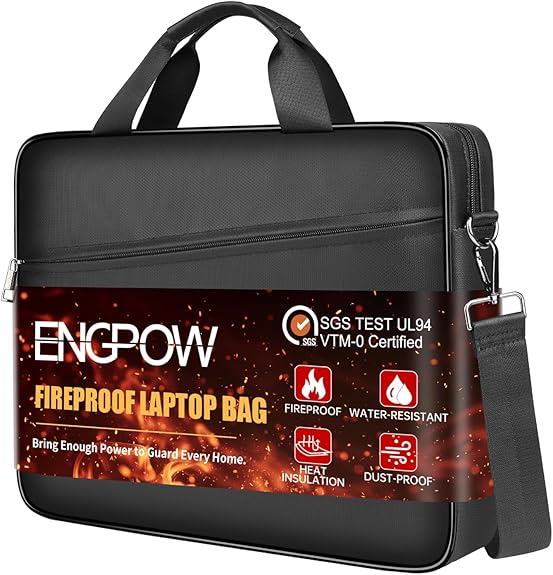 ENGPOW Laptop Bag, Fireproof 15.6 inch Messenger Bag Safe Storage for Laptop or Tablet, Computer Bag Carrying Case with Shoulder Strap＆Handle, Dual Zipper, Mesh Pockets for Home Office Travel, Black