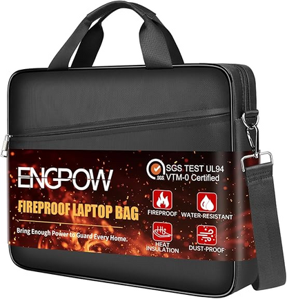 ENGPOW Laptop Bag, Fireproof 15.6 inch Messenger Bag Safe Storage for Laptop or Tablet, Computer Bag Carrying Case with Shoulder Strap＆Handle, Dual Zipper, Mesh Pockets for Home Office Travel, Black