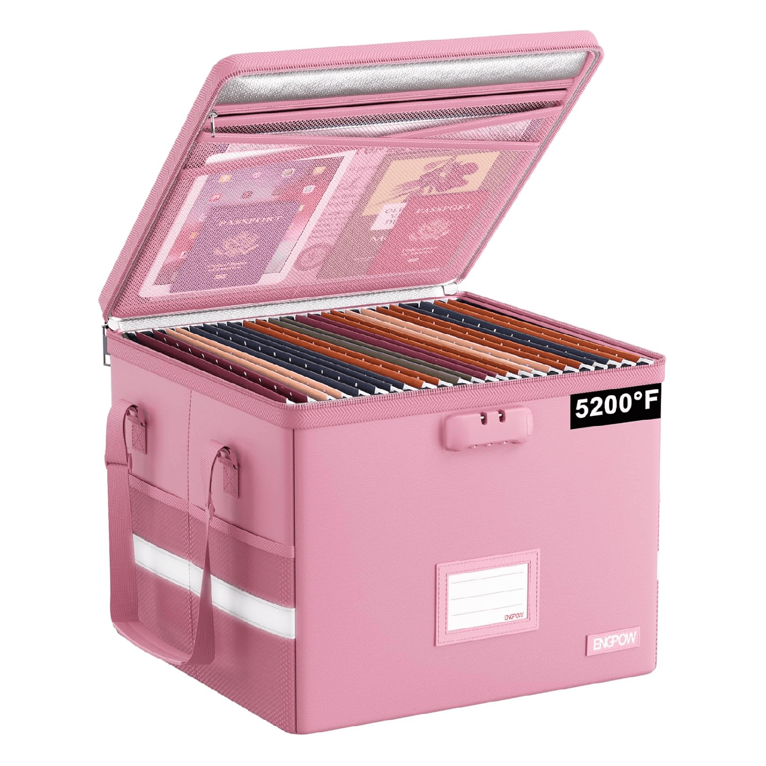ENGPOW Pink Fireproof Document Box with Lock Zipper Pockets Collapsibl