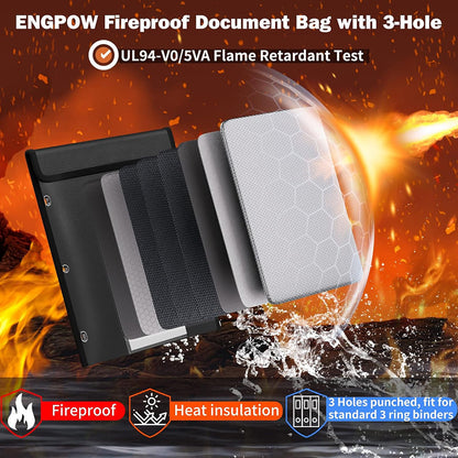 ENGPOW 5200°F Fireproof 3-Ring Binder Pockets: Letter Size Organizer (Black)