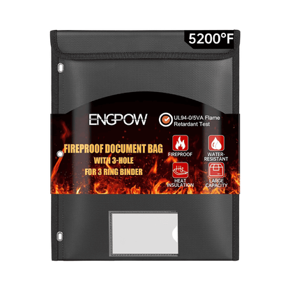 ENGPOW 5200°F Fireproof 3-Ring Binder Pockets: Letter Size Organizer (Black)