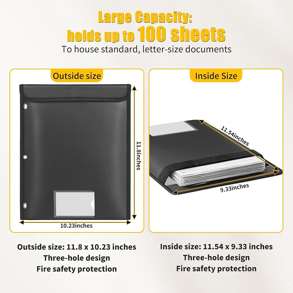 ENGPOW 5200°F Fireproof 3-Ring Binder Pockets: Letter Size Organizer (Black)