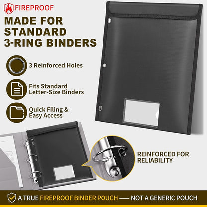 ENGPOW 5200°F Fireproof 3-Ring Binder Pockets: Letter Size Organizer (Black)
