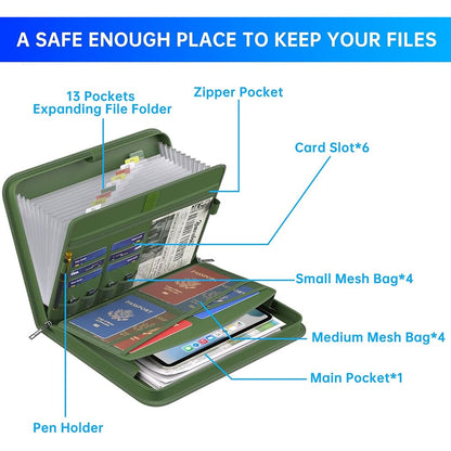ENGPOW 2200°F Fireproof Accordion File Organizer with Handle: 13 Pockets (Green)