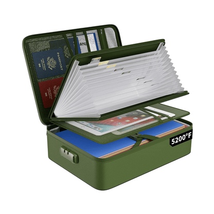 ENGPOW 5200°F Fireproof File Organizer Bag: Lockable Document Safe (Green)