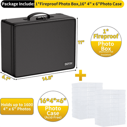 Engpow Fireproof Photo Organizer Contains 16 Transparent 4-Inch X 6-Inch Photo Boxes
