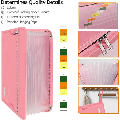 ENGPOW Fireproof Accordion File Organizer - Pink (13 Pockets)