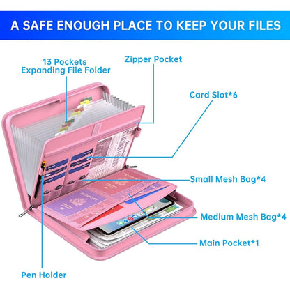ENGPOW 2200°F Fireproof Accordion File Organizer with Handle: 13 Pockets (Pink)