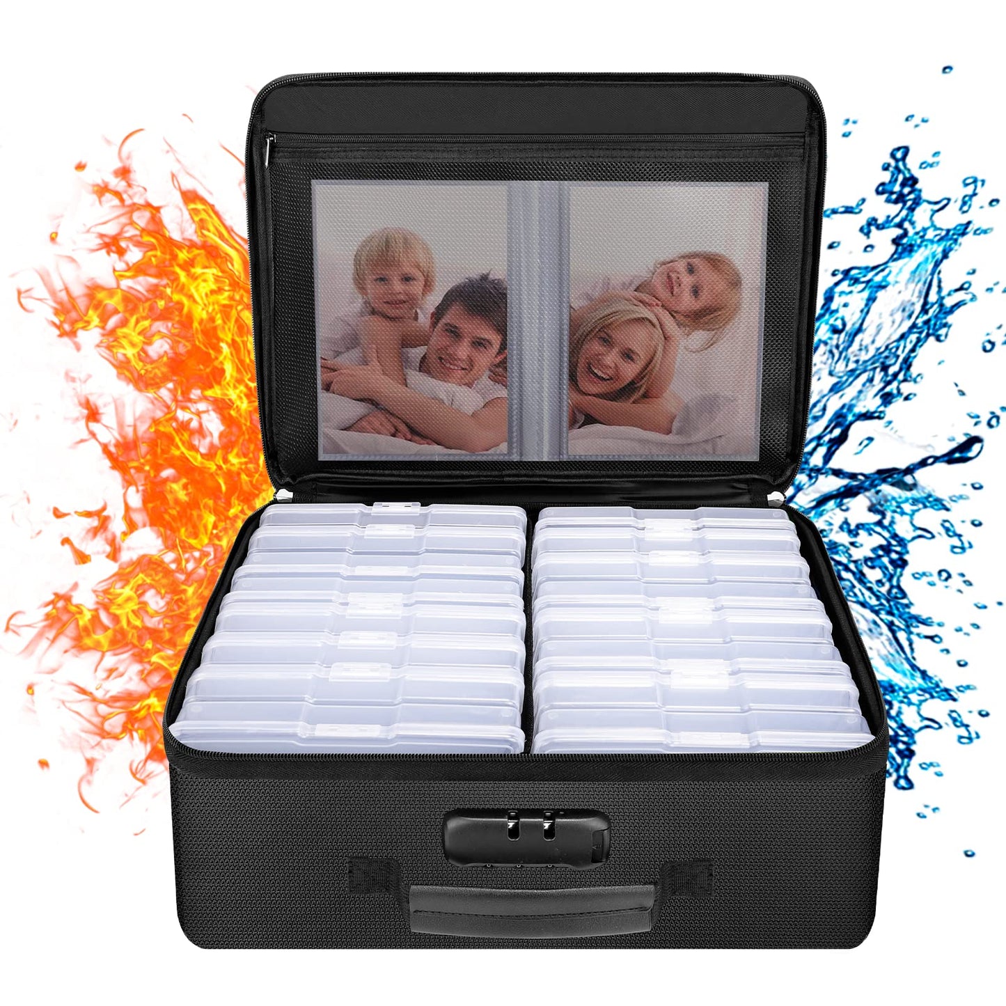 ENGPOW Fire Resistant Photo Storage Box with 16 Interior 4" x 6" Photo Boxes (Multi-Color), Lockable Photo Storage Box, Foldable Portable Photo Storage Container with Handles to Hold Photos , pictures, photography rafts