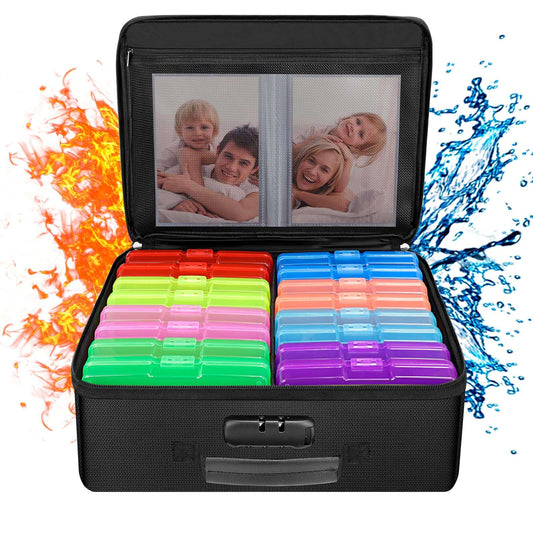 ENGPOW Fire Resistant Photo Storage Box with 16 Interior 4" x 6" Photo Boxes (Multi-Color), Lockable Photo Storage Box, Foldable Portable Photo Storage Container with Handles to Hold Photos , pictures, photography rafts
