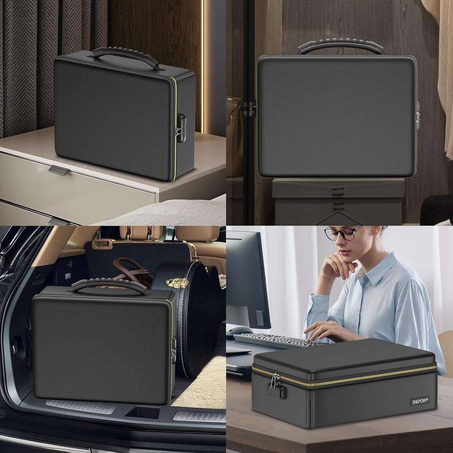 ENGPOW Fireproof Document Box,Hard Fireproof Box with Fireproof Zipper＆Lock,Fireproof Water Resistant Box File Organizer Storage Box Portable Safe for Important Documents,Files,Laptop,Valuable,Black