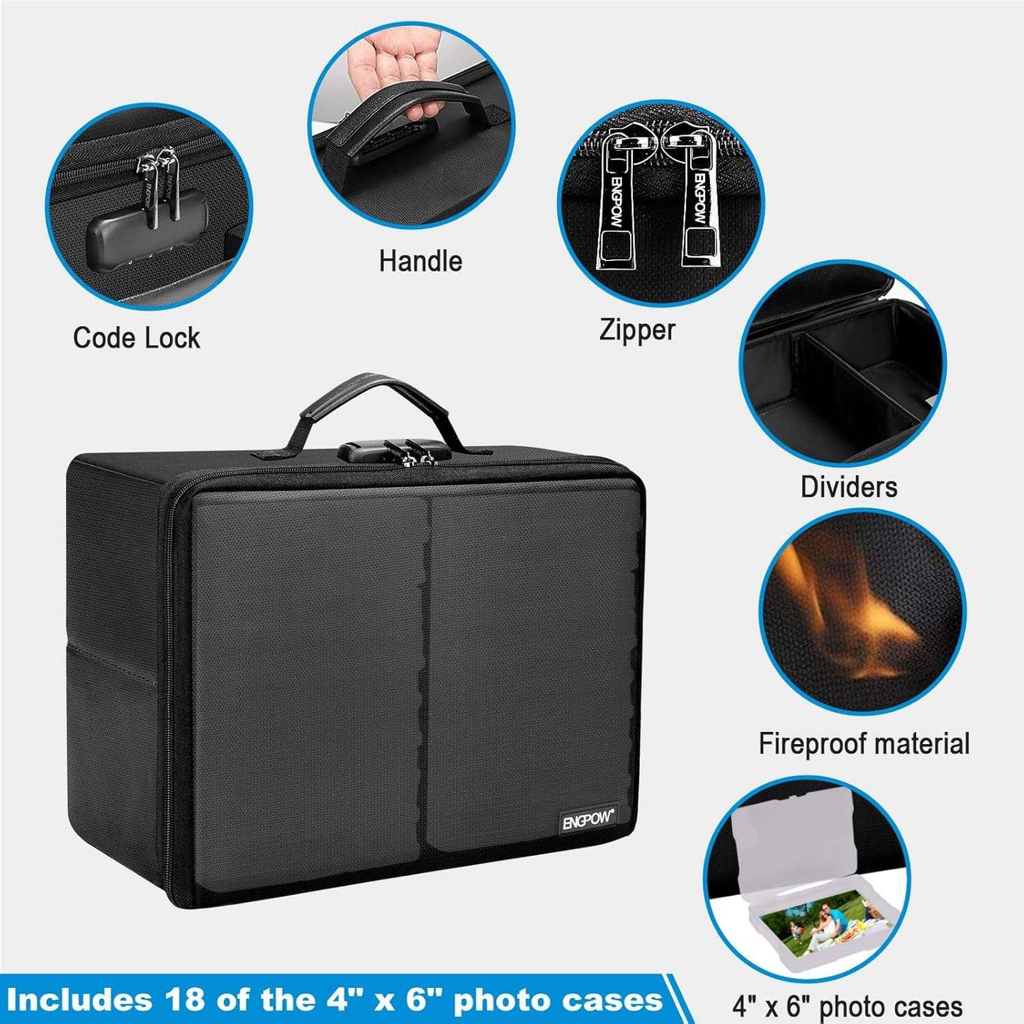 ENGPOW Photo Storage Box with 18 Inner 4" x 6" Photo Case(Clear),Fireproof Photo Organizer Box with Lock,Collapsible Portable Photo Storage Containers with Handles for Photos,Picture,Valuables