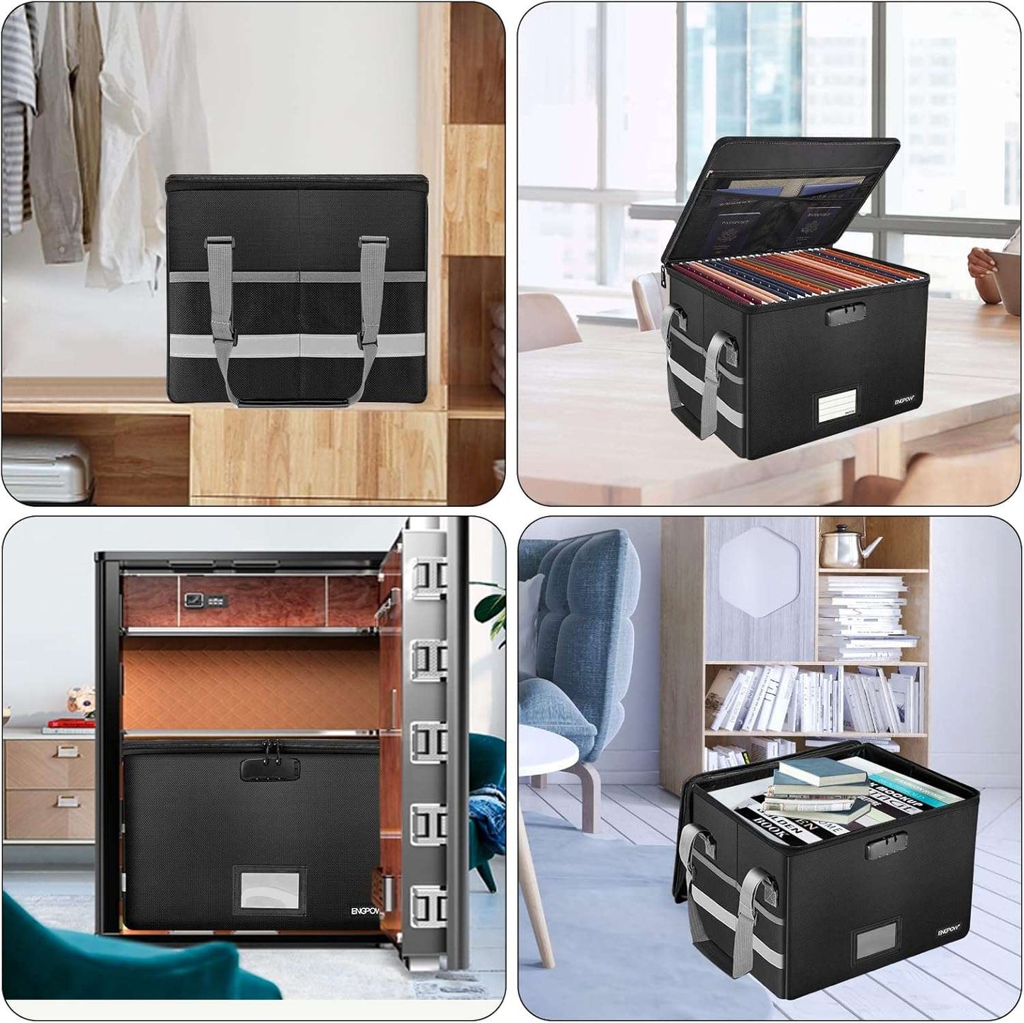 ENGPOW File Box with Lock, Fireproof Document Box with Inserts,Collapsible File Storage Organizer Box Filing Box with Handle,Portable Home Office Safe Box for Hanging Letter/Legal Folder,2 Pack