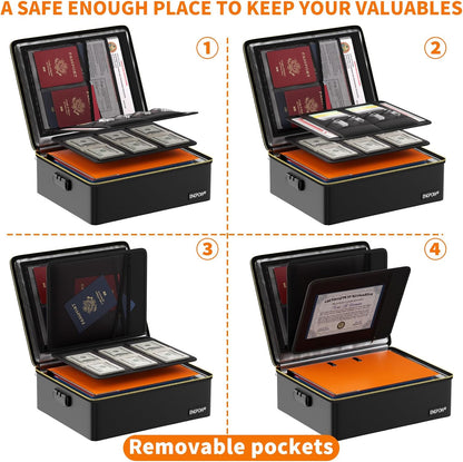 ENGPOW Fireproof Document Box with Lock, Fireproof Water Resistant Heat Insulated Safe Box Hard Case with Fireproof Zipper, Portable Home Office Travel File Organizer for Important Documents and More