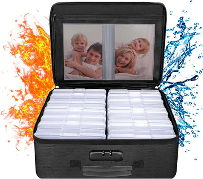 ENGPOW Fireproof Photo Storage Box with 16 Inner 4" x 6" Photo Case(Clear),Photo Box Organizer with Lock,Collapsible Portable Photo Storage Containers with Handle for Photos,Picture,Valuables