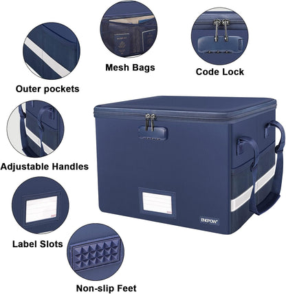 ENGPOW File Box with Lock, Fireproof Document Box with Zipper Lid,Collapsible File Organizer Storage Box Filing Box with Handle,Portable Home Office Safe Box for Hanging Letter/Legal Folder,Blue
