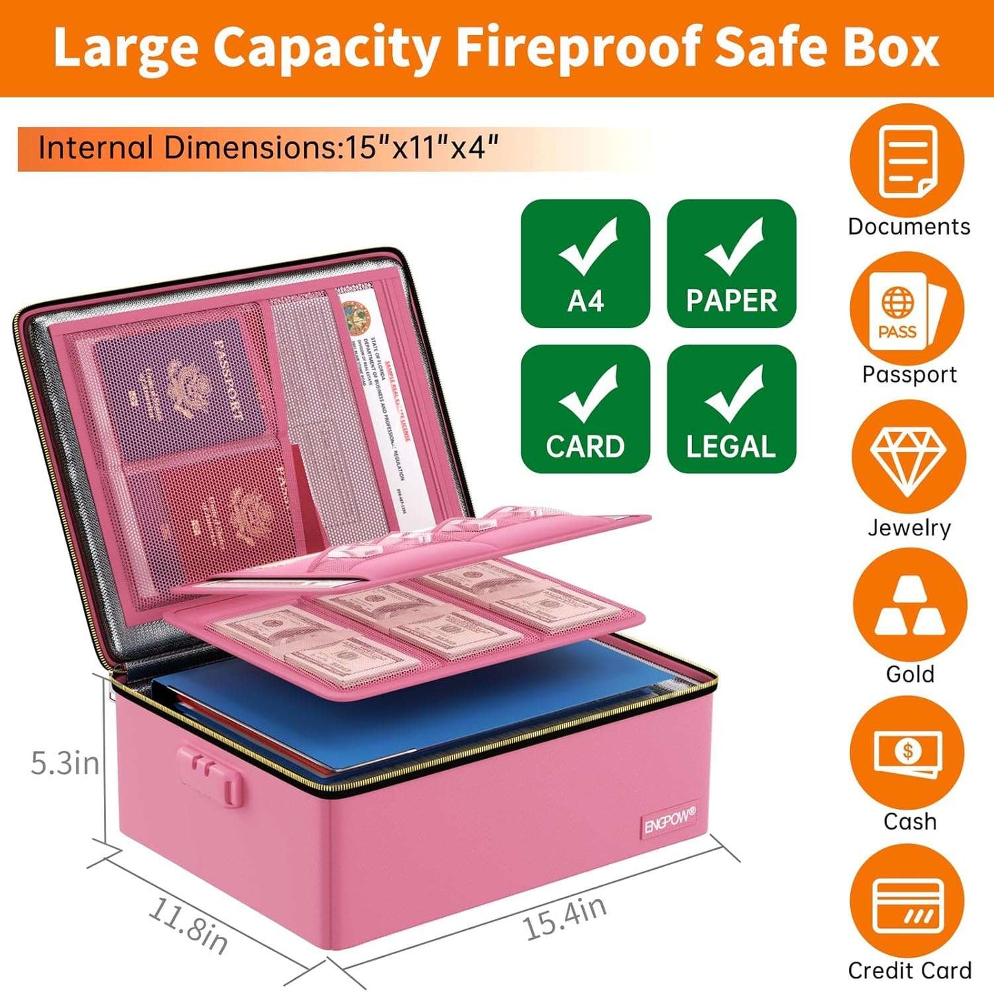 ENGPOW Pink Fireproof Hard Document Box