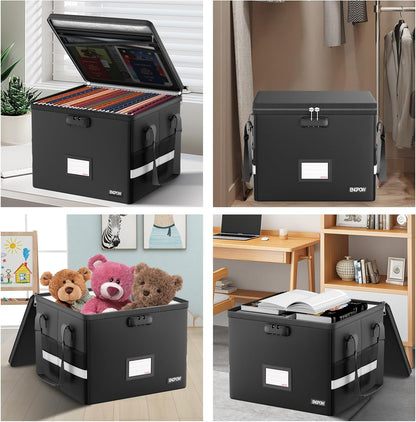 ENGPOW 5200°F File Box Fireproof Document Box with Lock,Heat Insulated Collapsible File Storage Organizer Box with Handle,Portable Home Office File Cabinet for Hanging Letter/Legal Size Folder,Black