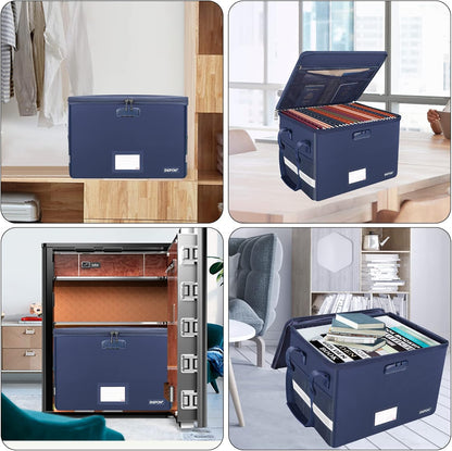 ENGPOW File Box with Lock, Fireproof Document Box with Zipper Lid,Collapsible File Organizer Storage Box Filing Box with Handle,Portable Home Office Safe Box for Hanging Letter/Legal Folder,Blue