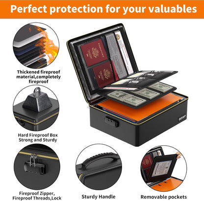 ENGPOW Fireproof Document Box with Lock, Fireproof Water Resistant Heat Insulated Safe Box Hard Case with Fireproof Zipper, Portable Home Office Travel File Organizer for Important Documents and More