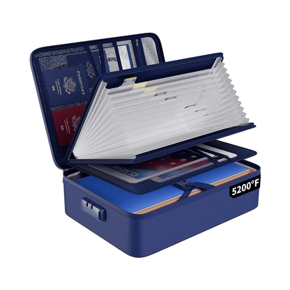 ENGPOW 5200°F Fireproof Document Bag with Lock: 13-Pocket File Safe (Blue)
