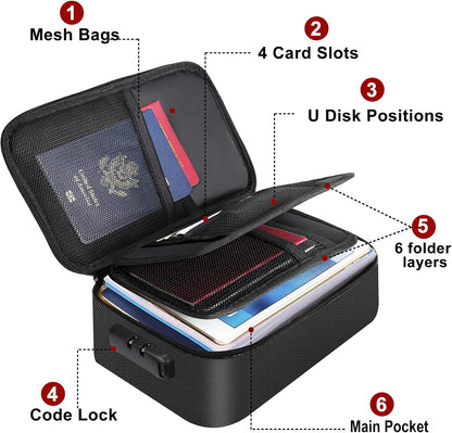 ENGPOW Small Fireproof Storage Organizer Case with Lock(9.4”x 5.9”x 3.2”), 3-Layer Money Safe Coin Organizer Wallet Bag for Cash,Card,Passport,Check,Bill,Travel Home Organizer Carrying Case,Black
