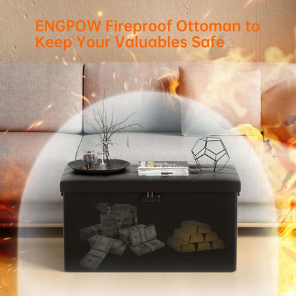 ENGPOW Storage Ottoman Bench,Fireproof Folding Storage Bench with Lock,30 Inches Fire＆Water Resistant Storage Chest Foot Rest Stool Leather Bedroom Bench with Storage Safe for Document,Valuables,Black