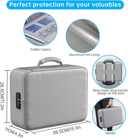 ENGPOW 5200°F Fireproof Document Bag with Lock, Upgraded Heat Insulated Fireproof＆Waterproof Box 8 Layers Document Organizer, Portable Home Travel Safe Storage Box for Important Files, Laptop, Silver