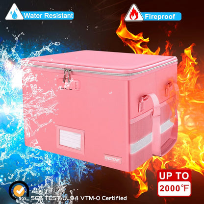 ENGPOW File Box with Lock, File Storage Organizer Box with Zipper Lid,Collapsible Fireproof Document Box Filing Box with Handle,Portable Home Office Safe Box for Hanging Letter/Legal Folder,Pink