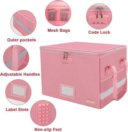 ENGPOW File Box with Lock, File Storage Organizer Box with Zipper Lid,Collapsible Fireproof Document Box Filing Box with Handle,Portable Home Office Safe Box for Hanging Letter/Legal Folder,Pink