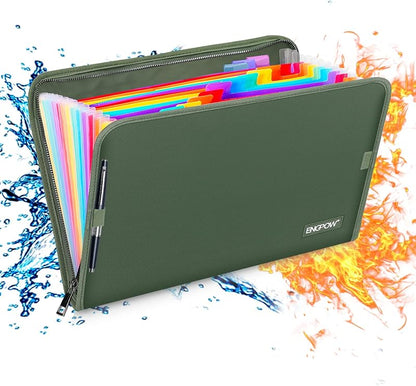 ENGPOW Fireproof Expanding File Folder with 13 Multicolored Pockets A4 Size Document Organizer with Color Labels Zipper Closure Non-Itchy Silicone Coated Portable Filing Pouch(14.3" x 9.8")