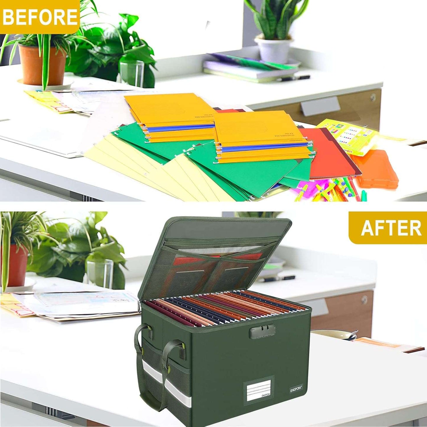 ENGPOW File Box with Lock,Fireproof Document Box with Pockets,Collapsible File Storage Organizer Filing Box with Handle,Portable Home Office File Cabinet Safe for Hanging Folders,2 Pack(Green)