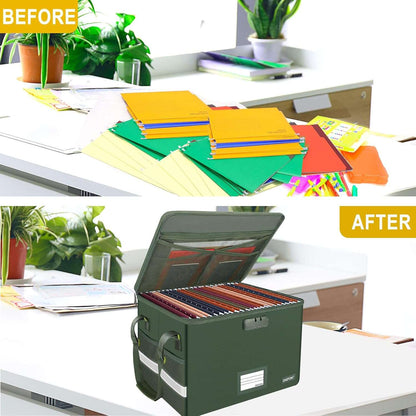 ENGPOW File Box with Lock,Fireproof Document Box with Pockets,Collapsible File Storage Organizer Filing Box with Handle,Portable Home Office File Cabinet Safe for Hanging Folders,2 Pack(Green)
