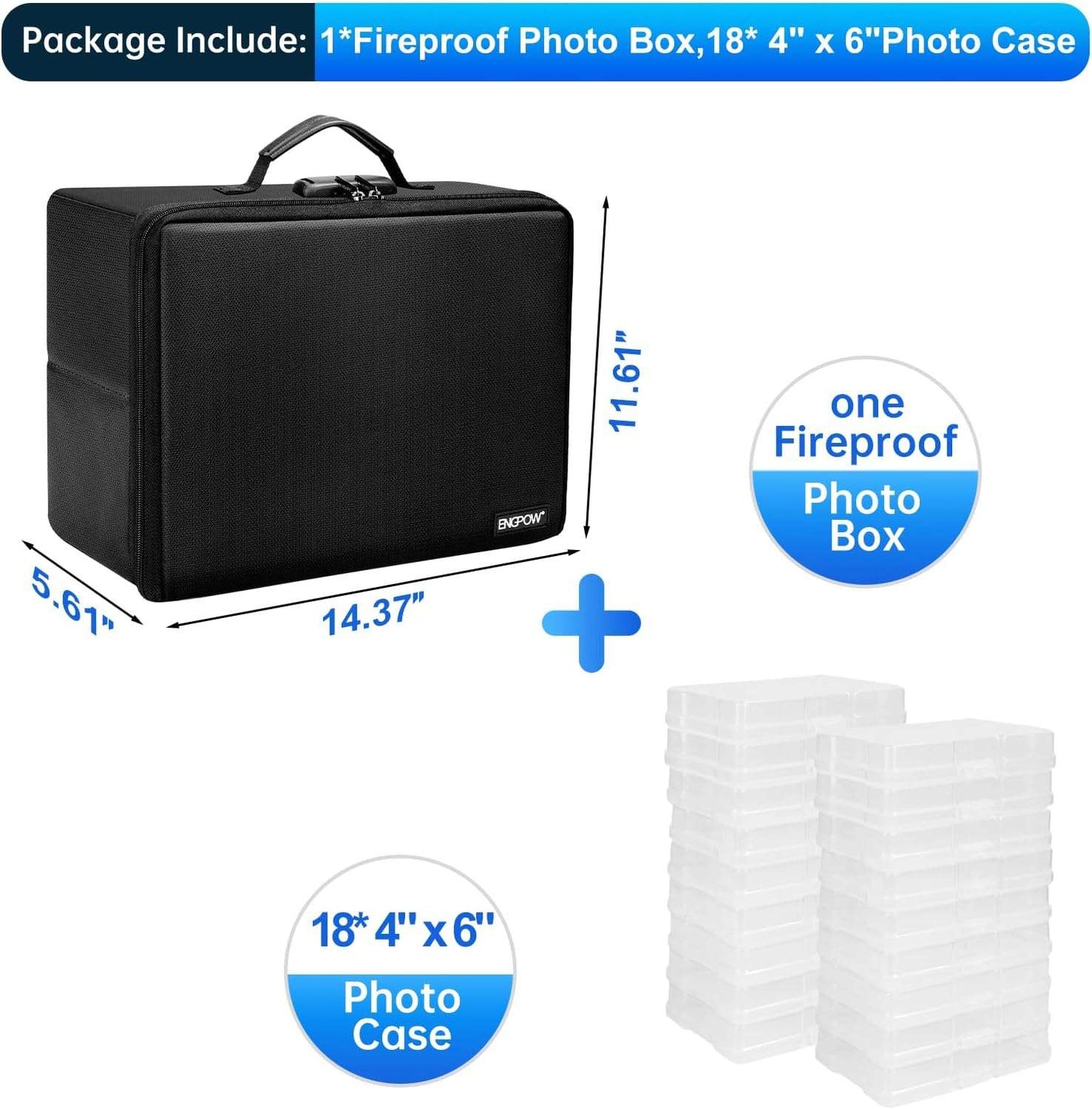 ENGPOW Photo Storage Box with 18 Inner 4" x 6" Photo Case(Clear),Fireproof Photo Organizer Box with Lock,Collapsible Portable Photo Storage Containers with Handles for Photos,Picture,Valuables