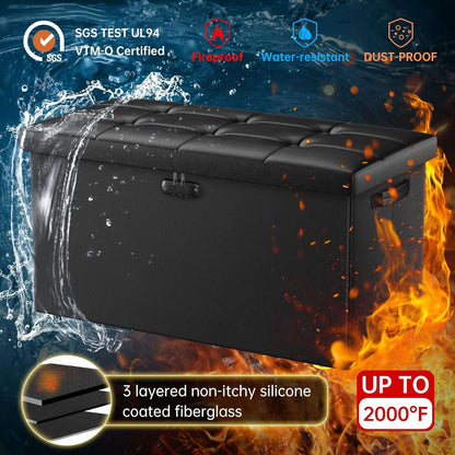 ENGPOW Storage Ottoman Bench,Fireproof Folding Storage Bench with Lock,30 Inches Fire＆Water Resistant Storage Chest Foot Rest Stool Leather Bedroom Bench with Storage Safe for Document,Valuables,Black