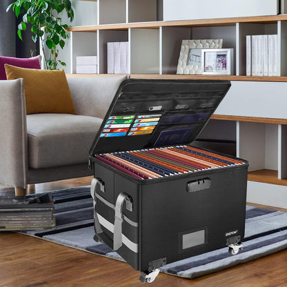 ENGPOW File Box with Wheels, Fireproof Document Box with Lock,Collapsible Rolling File Storage Organizer Box Filing Cabinet with Pockets,Portable Home Office Safe Box for Hanging Letter/Legal Folder