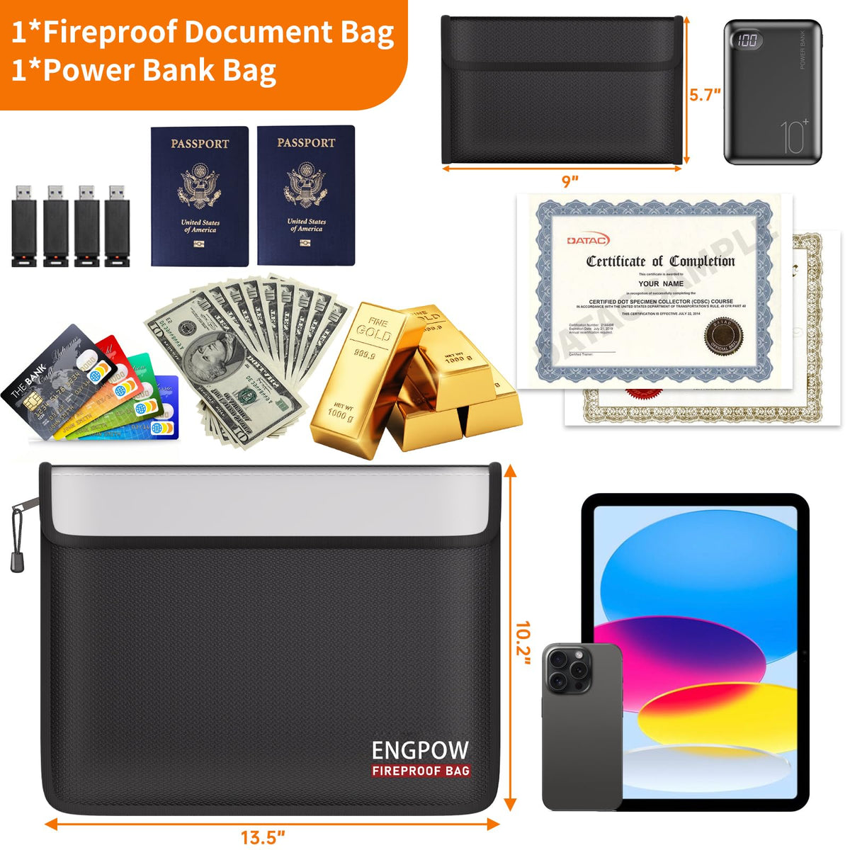 ENGPOW Fireproof Document Bag (13.5"x10.2") with Bonus Pouch (9"x5.7")