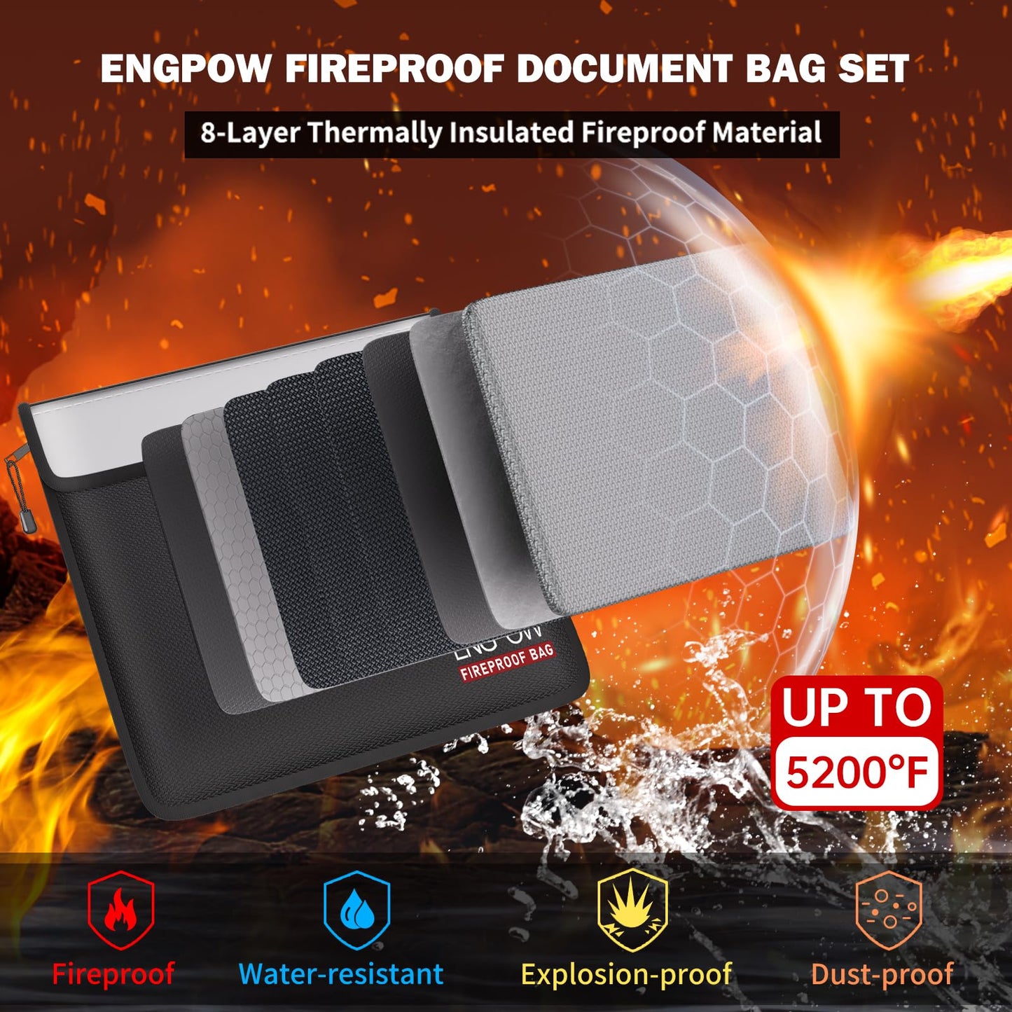 ENGPOW Fireproof Document Bag (13.5"x10.2") with Bonus Pouch (9"x5.7")