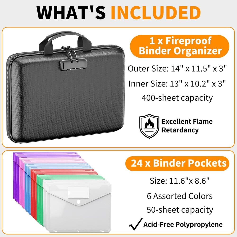 ENGPOW Fireproof Document Organizer Box with Lock & 24 Pack Binder Pockets