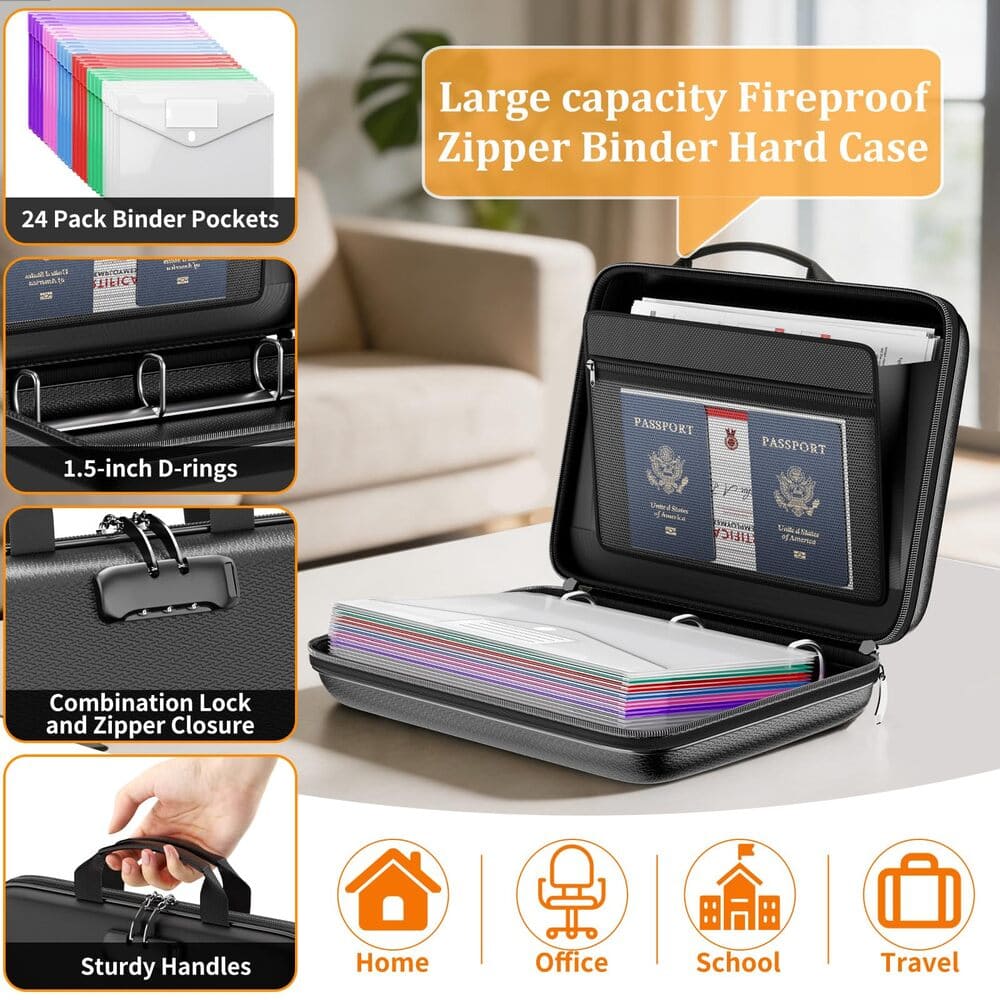ENGPOW Fireproof Document Organizer Box with Lock & 24 Pack Binder Pockets