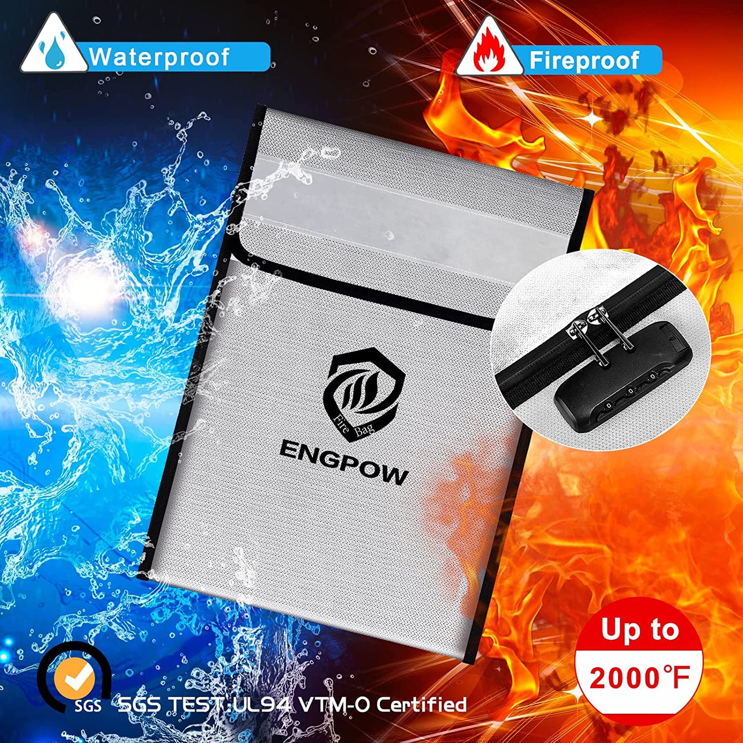 ENGPOW Fireproof Document Bag with Lock (2200℉)
